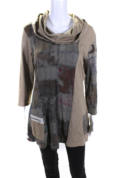 Parsley & Sage Womens Patchwork Zipped Long Sleeve Turtleneck Top Brown Size M