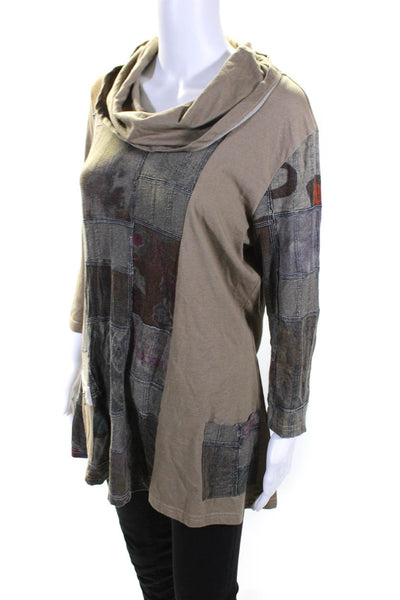 Parsley & Sage Womens Patchwork Zipped Long Sleeve Turtleneck Top Brown Size M