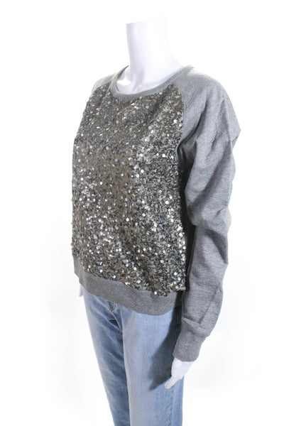 Vince Womens Gray Cotton Sequins Front Long Sleeve Pullover Sweater Top Size M