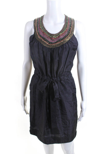 Yoana Baraschi Womens Silk Beaded Neckline Sleeveless Dress Purple Size Small
