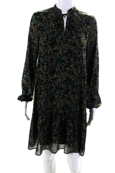 IKKS Womens Green Printed Tie V-Neck Long Sleeve A-Line Dress Size 38