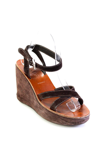 Prada Womens Dark Brown Criss Cross Ankle Strap Wedge Heels Sandals Shoes Size 6