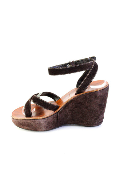 Prada Womens Dark Brown Criss Cross Ankle Strap Wedge Heels Sandals Shoes Size 6