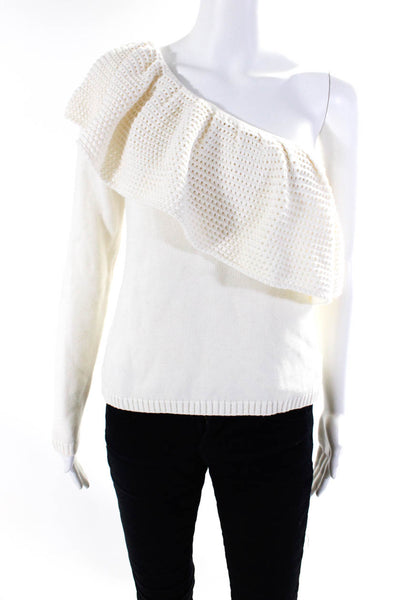 Ella Moss Womens Long Sleeve Open Knit Ruffle One Shoulder Sweater White Small