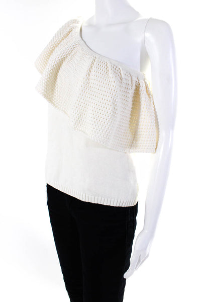 Ella Moss Womens Long Sleeve Open Knit Ruffle One Shoulder Sweater White Small