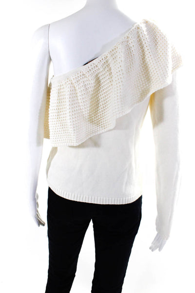 Ella Moss Womens Long Sleeve Open Knit Ruffle One Shoulder Sweater White Small