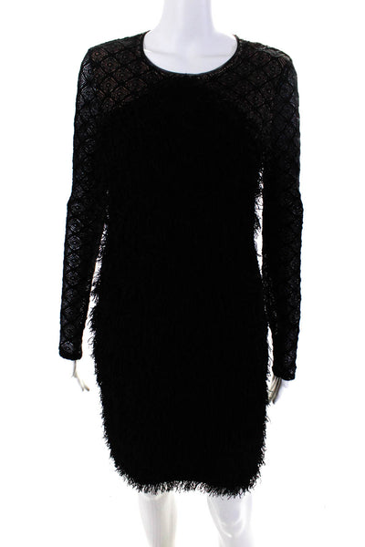 BCBGMAXAZRIA Womens Fringed Long Sleeve Lined Mini Sheath Dress Black Size S