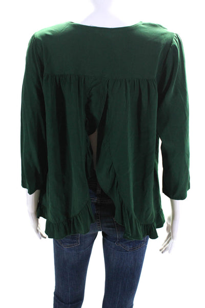 Alisha Levine Womens Emerald Green Silk Ruffle Open Back Blouse Top Size M
