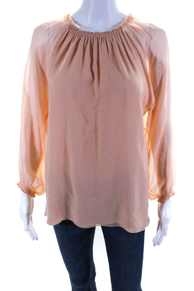 Soler Womens Silk Chiffon Long Sleeve Smocked Trim Lined Blouse Top Pink Size S