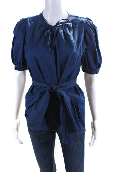 Soler X Arossgirl Womens Cotton Short Sleeve Tie Waist Denim Shirt Blue Size S