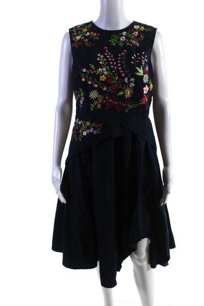 Wayward Fancies Womens Cotton Embroidered Floral Print Darted Dress Navy Size S