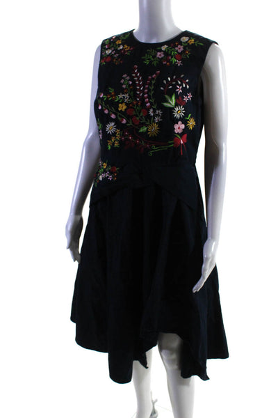 Wayward Fancies Womens Cotton Embroidered Floral Print Darted Dress Navy Size S