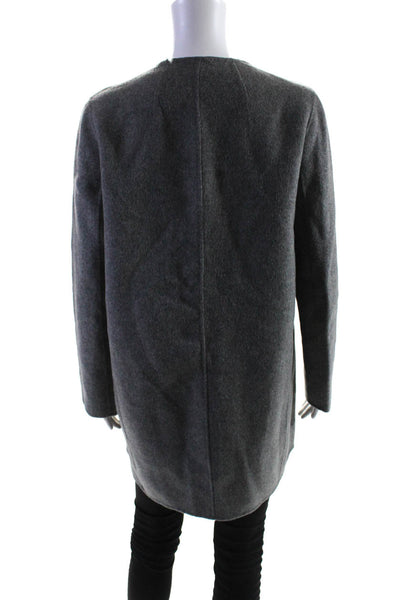 Theory Womens Wool Buttoned Draped Round Neck Long Sleeve Midi Coat Gray Size S