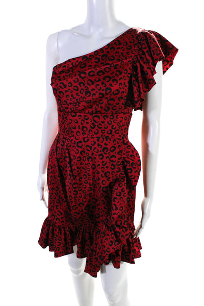 Jay Godfrey Womens  Animal Print Ruffled One Shoulder Dress Red Black Size 2
