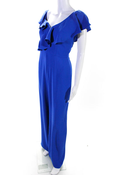 Jay Godfrey Womens Ruffled V Neck Short Sleeves Jumpsuit Blue Size 2