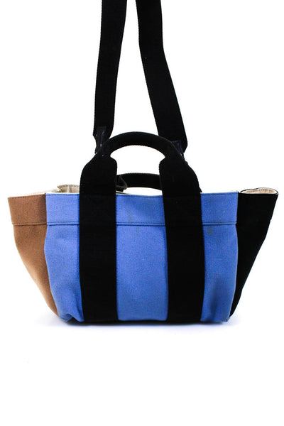 Rue De Verneuil Womens Blue Wool Canvas Color Block Tote Shoulder Bag Handbag