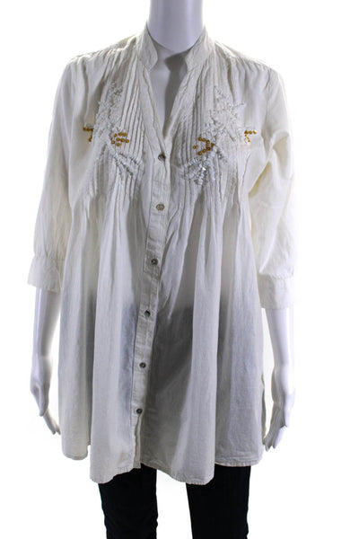 Antica Sartoria Womens Cotton Beaded Pleated Button Up Blouse Top White Size S