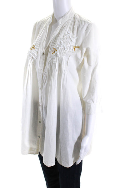 Antica Sartoria Womens Cotton Beaded Pleated Button Up Blouse Top White Size S