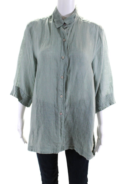 Touche Womens Linen Buttoned-Up Long Sleeve Collared Top Green Size S