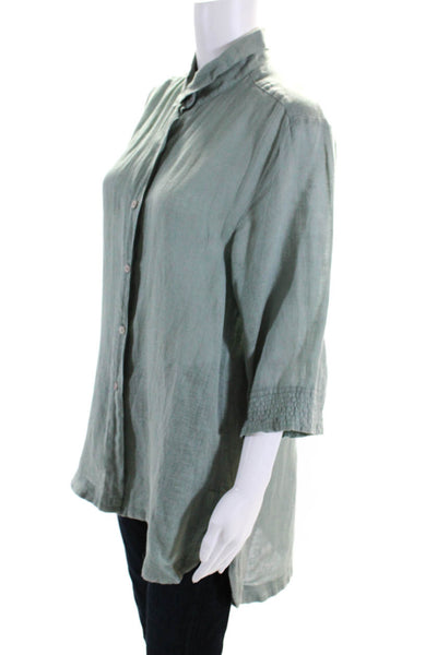 Touche Womens Linen Buttoned-Up Long Sleeve Collared Top Green Size S