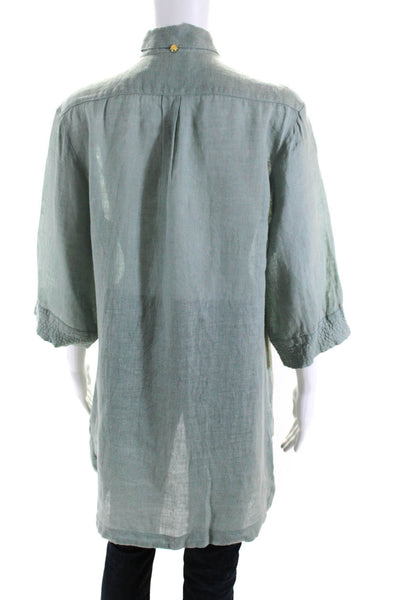 Touche Womens Linen Buttoned-Up Long Sleeve Collared Top Green Size S