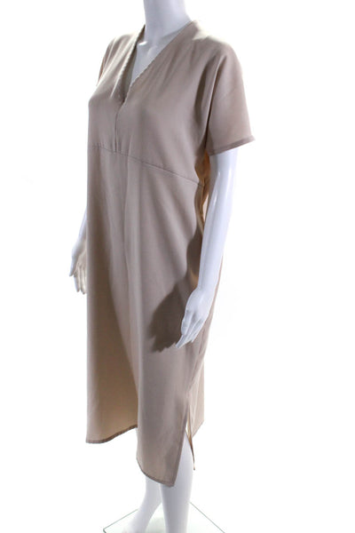 Roucha Womens Short Sleeve V-Neck Slit Pullover Maxi Shift Dress Beige Size M