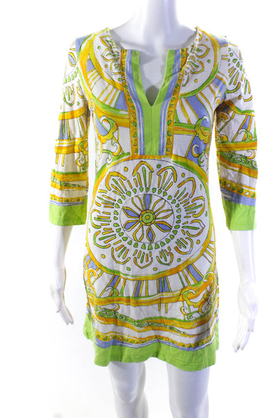 Barbara Gerwit Womens 3/4 Sleeve Y Neck Sheath Dress Yellow Green Blue Small