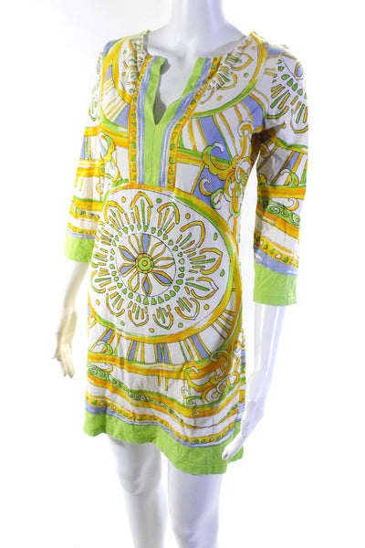 Barbara Gerwit Womens 3/4 Sleeve Y Neck Sheath Dress Yellow Green Blue Small