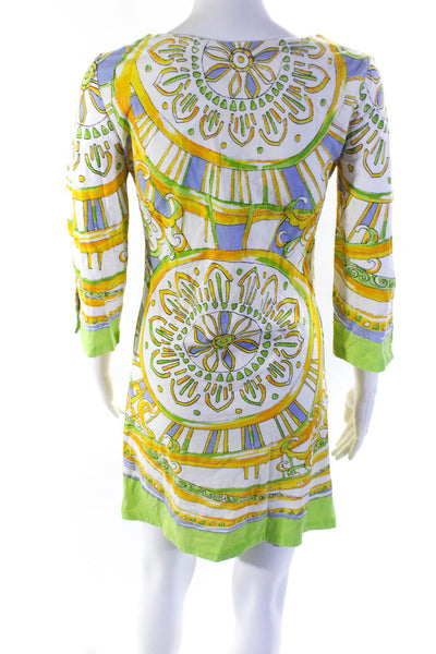 Barbara Gerwit Womens 3/4 Sleeve Y Neck Sheath Dress Yellow Green Blue Small