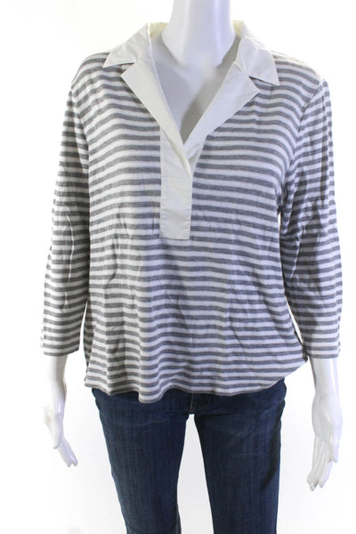 Lafayette 148 New York Womens Collar 3/4 Sleeves Slit Hem  Stripe Blouse Size XL