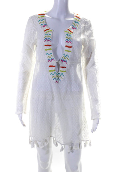 Shiraleah Womens Sheer Mesh Beaded Y Neck Cover Up Dress White Size Medium