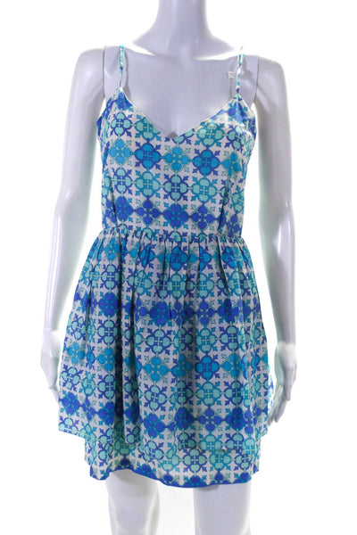 Julie Brown Womens Printed Layered V Neck Mini A Line Dress Blue White Size 4