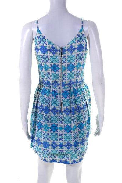 Julie Brown Womens Printed Layered V Neck Mini A Line Dress Blue White Size 4