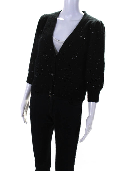 Autumn Cashmere Womens Button Front Knit Sequin Short Cardigan Sweater Black XS