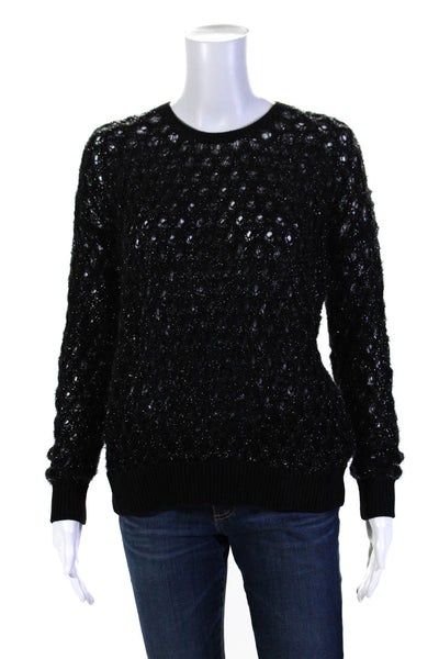 The Kooples Womens Metallic Black Open Knit Cotton Long Sleeve Sweater Top SizeM