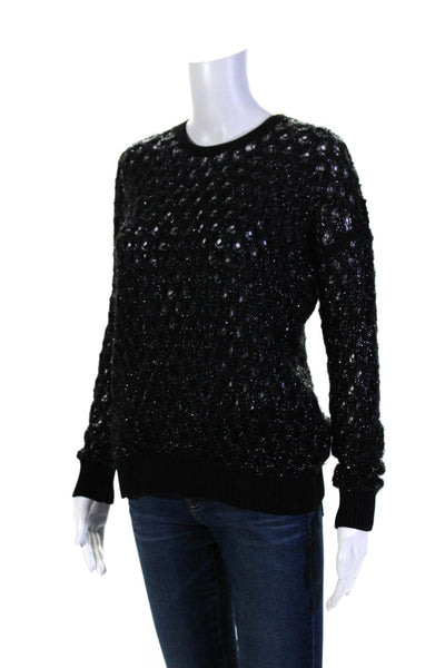 The Kooples Womens Metallic Black Open Knit Cotton Long Sleeve Sweater Top SizeM