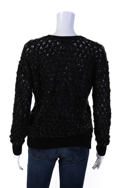 The Kooples Womens Metallic Black Open Knit Cotton Long Sleeve Sweater Top SizeM