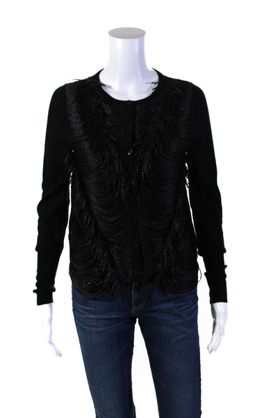 J Crew Womens Black Fringe & Drape Detail Crew Neck Cardigan Sweater Top Size S