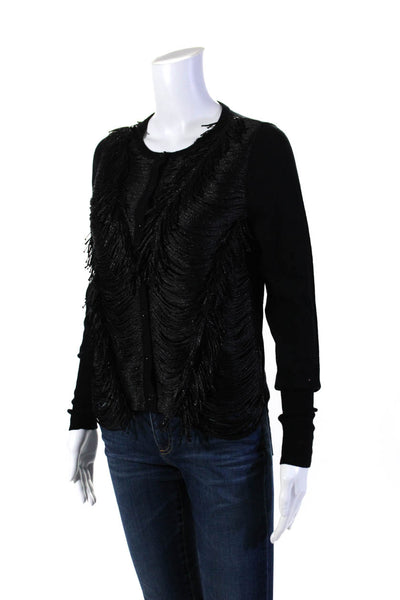 J Crew Womens Black Fringe & Drape Detail Crew Neck Cardigan Sweater Top Size S