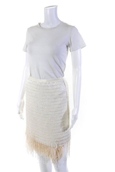 Armani Collezioni Womens Sequined Feather Hem Straight Pencil Skirt White Size S