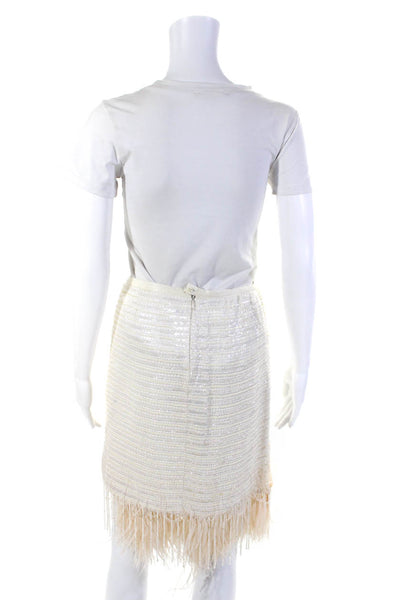 Armani Collezioni Womens Sequined Feather Hem Straight Pencil Skirt White Size S