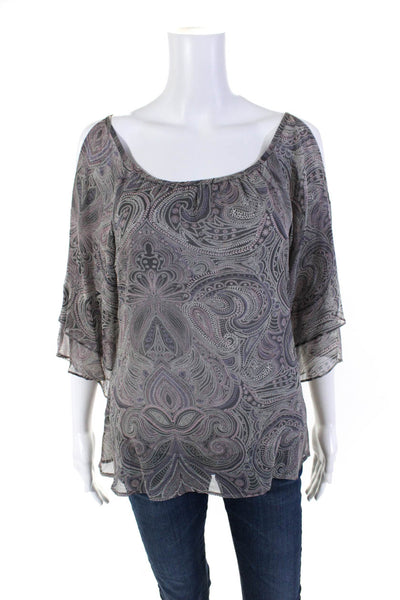 Ecru Women's Silk Long Sleeve Paisley Print Cold Shoulder Blouse Gray Size S