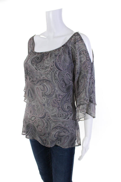Ecru Women's Silk Long Sleeve Paisley Print Cold Shoulder Blouse Gray Size S