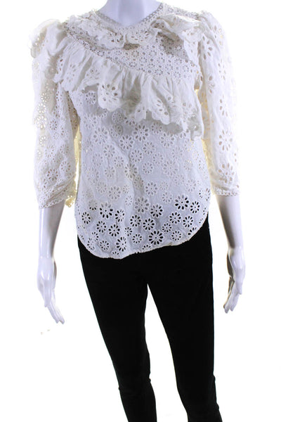 Sea New York Women's Embroidered 3/4 Sleeve Crewneck Blouse White Size 2