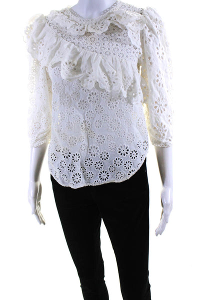 Sea New York Women's Embroidered 3/4 Sleeve Crewneck Blouse White Size 2