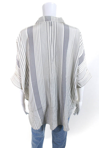 Eileen Fisher Womens Silk Striped Button Down Shirt White Blue Size Small