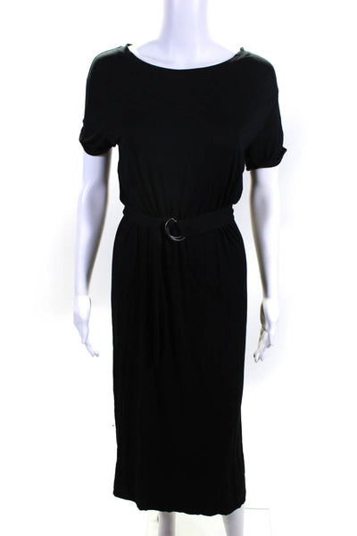 Three Dots Womens Stretch Belted Round Neck Maxi T-Shirt Dress Black Size XS