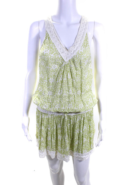 Poupette St. Barth Womens Abstract Print Lace Trim V-Neck Dress Green Size S