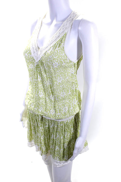 Poupette St. Barth Womens Abstract Print Lace Trim V-Neck Dress Green Size S