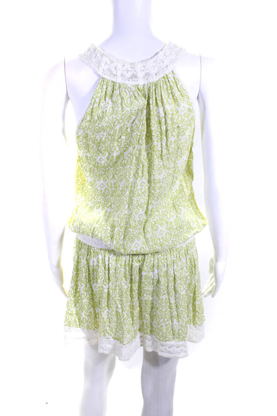 Poupette St. Barth Womens Abstract Print Lace Trim V-Neck Dress Green Size S